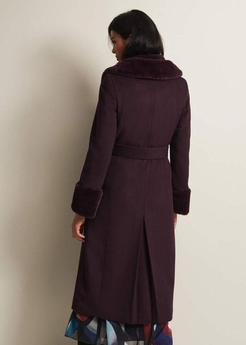 Phase Eight Zylah Faux Fur Collar Wool Smart Coats Burgundy Australia | NG6031248